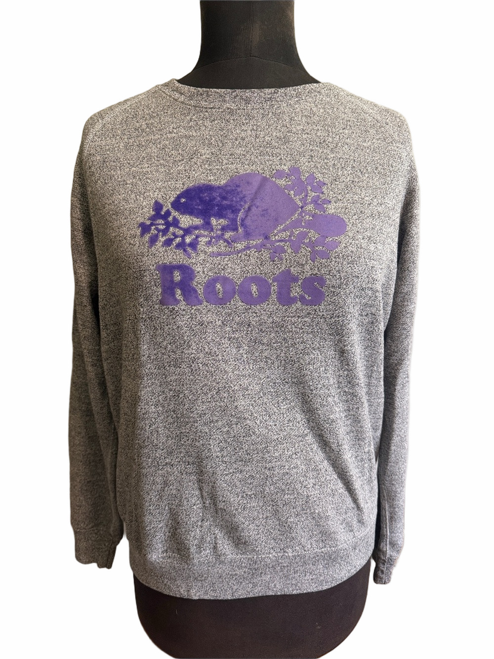 Roots Heather Gray Crewneck Sweatshirt with Purple Beaver Logo
